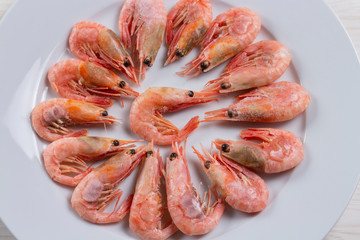 Frozen pink small shrimp on a white plate close-up. Shrimps prawns lobster with head tail eyes, seafood defrosted shellfish