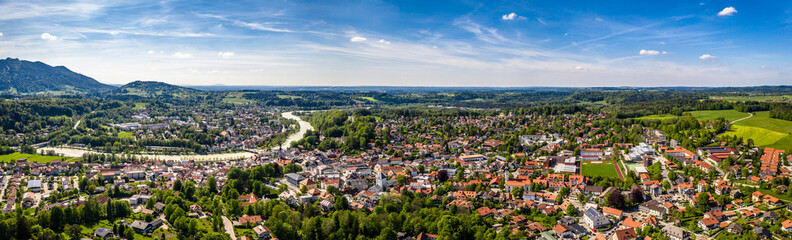 Fototapeta na wymiar Aerial Bad Toelz Bavarian Alps in May. Old Town, Mountains, Isar River. Beautiful Travel destination