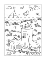 Summer joy themed coloring page with gumboots and happy playful frogs.