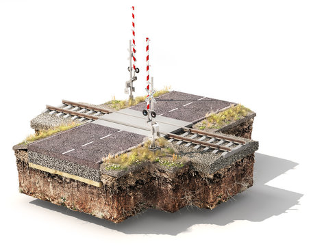 Piece Of Ground With Railroad Crossing And Road. Can See Road Layers. 3d Illustration