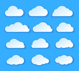 Abstract paper clouds set. White paper clouds design on blue background. Vector illustration