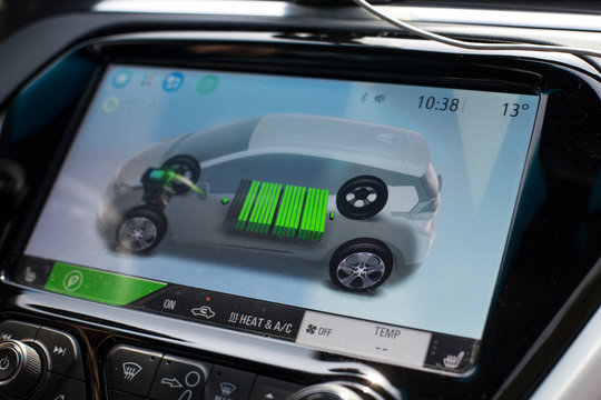 Information on the display of the electric charge level in car. eco electric car system with charging battery on the screen