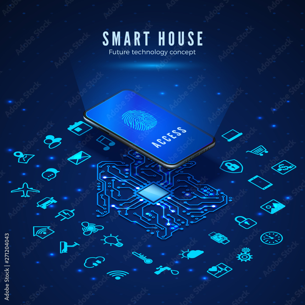 Poster smart house concept. smartphone with fingerprint on screen and icons set. smart home monitoring and 