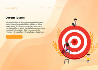 Businessman directs the arrow to the target. Aim in business concept. Businessmen working and woman at big target with arrow. Goals and objectives, business grow and plan. vector, illustration.