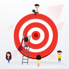 Businessman directs the arrow to the target. Aim in business concept. Businessmen working and woman at big target with arrow. Goals and objectives, business grow and plan. vector, illustration.