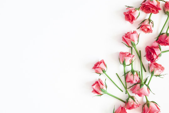Flowers composition. Rose flowers on white background. Flat lay, top view, copy space