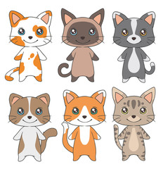 Cute cartoon style domestic cat breeds drawings vector illustration collection