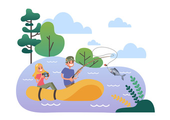 Man and woman in the fishing rubber boat