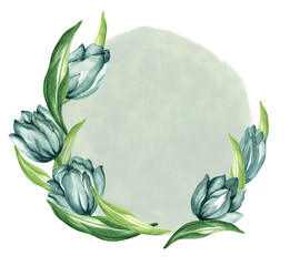 Hand drawn watercolor illustration Tulips Teal bouquet Garden flower foliage leaves Wreath Perfect for invitations greeting cards