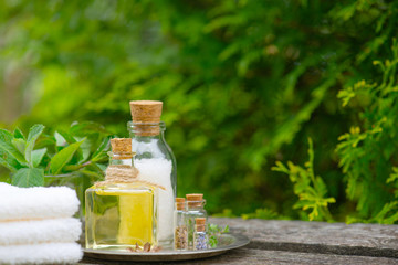 Body care products on the wooden table