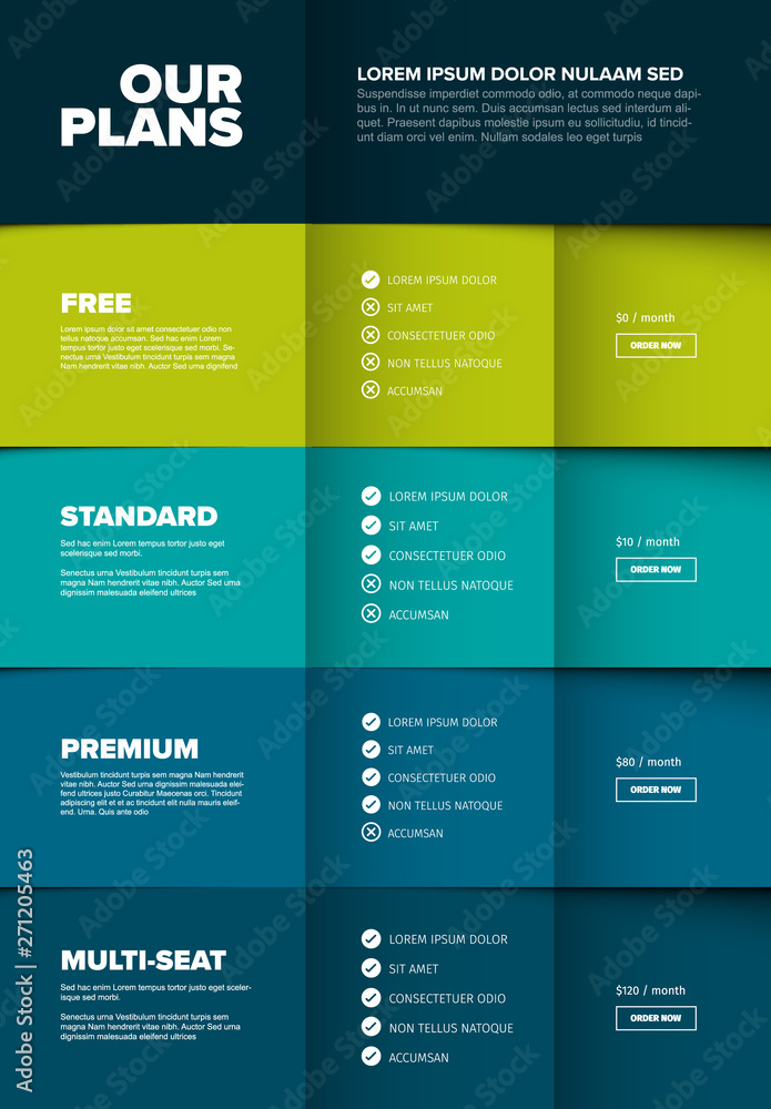 Poster products versions feature and price list table