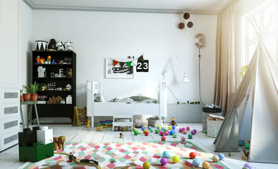 Chaotisches Kinderzimmer mit vielen Spielsachen