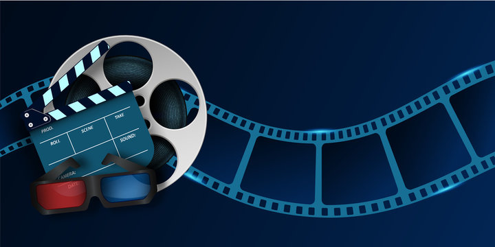 Cinema Film Strip wave, 3d cinema glasses, film reel and clapper board isolated on blue background. 3d movie flyer or poster with place for your text. Template design cinematography concept of film in