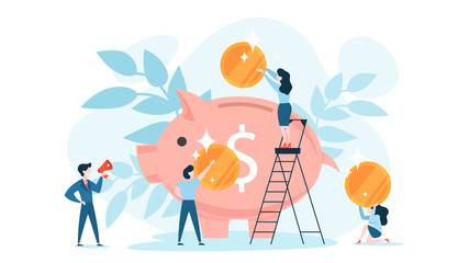 Golden coin falling in the piggy bank. Idea of economy