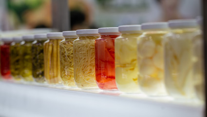 Different preserved food, pickled vegetable in jars
