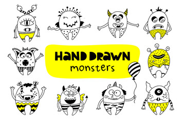 Hand drawn cute monsters on a white background.