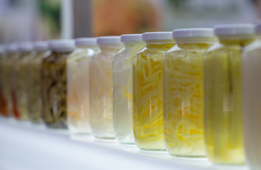 Different preserved food, pickled vegetable in jars