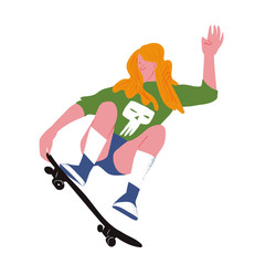 The girl skater. Flat with gradient. Girl with golden hair make stunt on skateboard.  Used for flyer, banner sporting events, packing sports goods. Vector illustration isolated object.