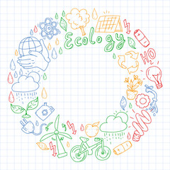 Vector logo, design and badge in trendy drawing style - zero waste concept, recycle and reuse, reduce - ecological lifestyle and sustainable developments icons. colorful. drawing on squared notebook.