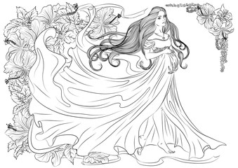 Illustration of a pregnant young girl in a long fluttering dress and with long hair on a background of a flower frame of hibiscuses. Vector line art isolated on white background
