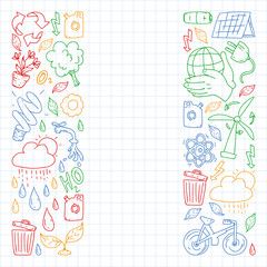 Vector logo, design and badge in trendy drawing style - zero waste concept, recycle and reuse, reduce - ecological lifestyle and sustainable developments icons. colorful. drawing on squared notebook.