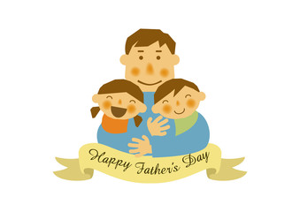 父の日のイラスト。お父さんと子供達。白背景の素材。バッジ。バナー。