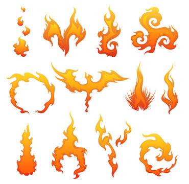 Set of red and orange fire flame. Collection of hot flaming element. Idea of energy and power. Isolated vector illustration.