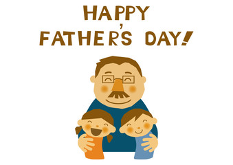 父の日のイラスト。お父さんと子供達。白背景の素材。バッジ。バナー。