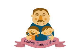 父の日のイラスト。お父さんと子供達。白背景の素材。バッジ。バナー。