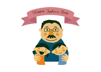 父の日のイラスト。お父さんと子供達。白背景の素材。バッジ。バナー。