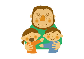 父の日のイラスト。お父さんと子供達。白背景の素材。バッジ。バナー。