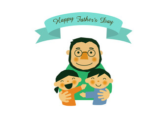父の日のイラスト。お父さんと子供達。白背景の素材。バッジ。バナー。
