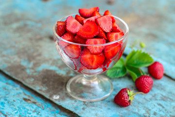 Strawberry dessert (fresh, organic berries) vitamins. food background. top