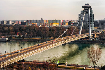 Bratislava SNP bridge during day.