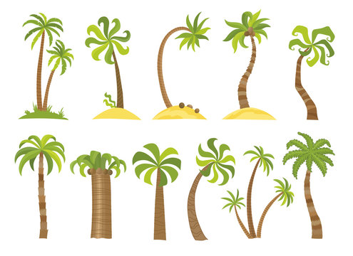 Vector set of simple palm trees. Flat cartoon palms on white background.