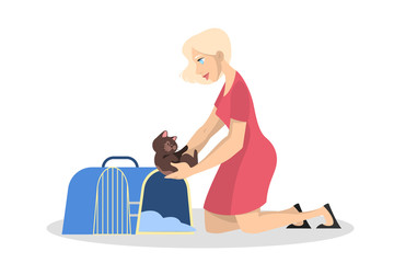 Beautiful woman in red dress holding little kitten