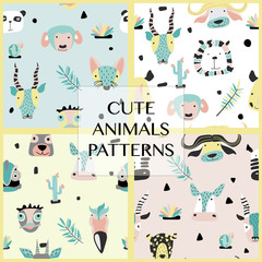 Set of safari baby animals seamless funny patterns.