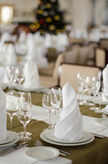 Fototapeta na wymiar Shot of napkins and wine glasses banquet table at luxury restaurant