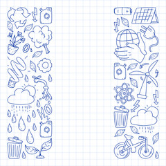 Vector logo, design and badge in trendy drawing style - zero waste concept, recycle and reuse, reduce - ecological lifestyle and sustainable developments icons. pen drawing on checkered paper.