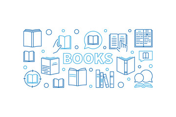 Fototapeta na wymiar Books vector horizontal outline illustration. Education and learning concept banner with book linear icons