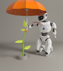 robot female protect sprout, plant,3d, render