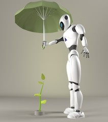 robot female protect sprout, plant,3d, render