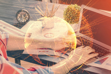 Media network theme hologram with man working on computer on background. Concept of internet...
