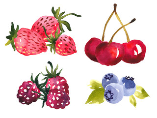 Watercolor clip art selection of summer berries. Strawberries, blueberries, raspberries and cherries - 271211431
