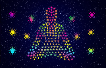 Silhouette of a yogi from stars on the background of the starry sky and colorful celestial stars. Pixel graphics.