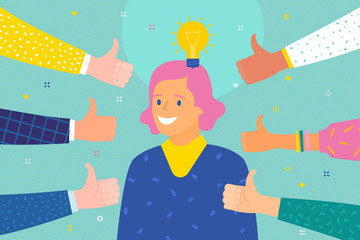 Concept of success. Cheerful young woman surrounded by hands with thumbs up.