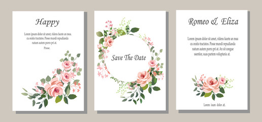 Set of cards with flowers, leaves. Vector illustration. Decorative invitation to the holiday. Wedding, birthday. Universal cards.Pink roses .