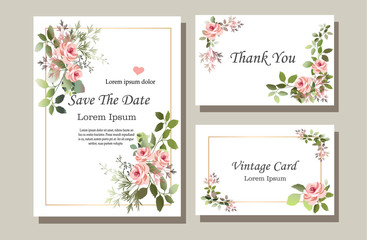 A set of vector maps with pink roses and green leaves. Vector illustration. Decorative invitation to the holiday. Wedding, birthday. Universal card.