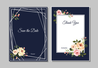 Set of postcards with flowers, leaves. Vector illustration. Decorative invitation to the holiday. Wedding, birthday. Universal card. Pink rose on blue background.  Geometric framework.