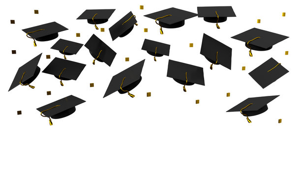 Poster flying graduation caps. 3d rendering